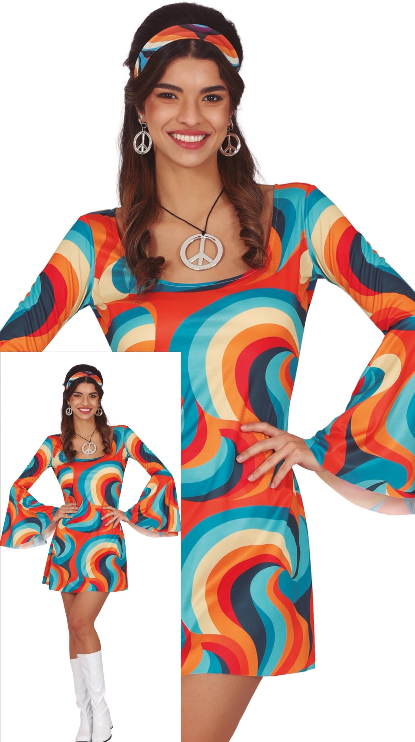 FIESTAS GUIRCA Psychedelic Hippie Fancy Dress Women - 70s Short Hippie Dress Outfit with Hippie Headband - 60s Disco Fancy Dress Costumes for Women Size L