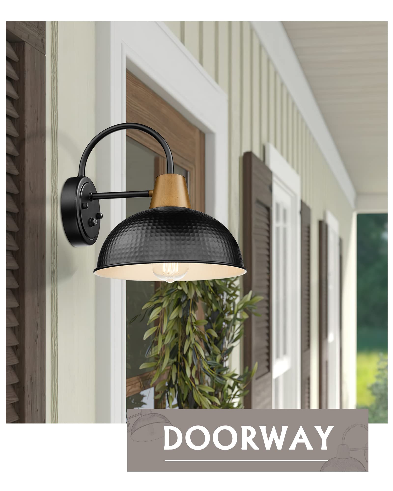 FEMILA 2 Pack Dusk to Dawn Barn Lights, Modern Porch Wall Lights, Indoor Outdoor Gooseneck Light Fixture Wall Sconce with Hammered Metal Shade, Black, 4FG58B-PC-2 BK