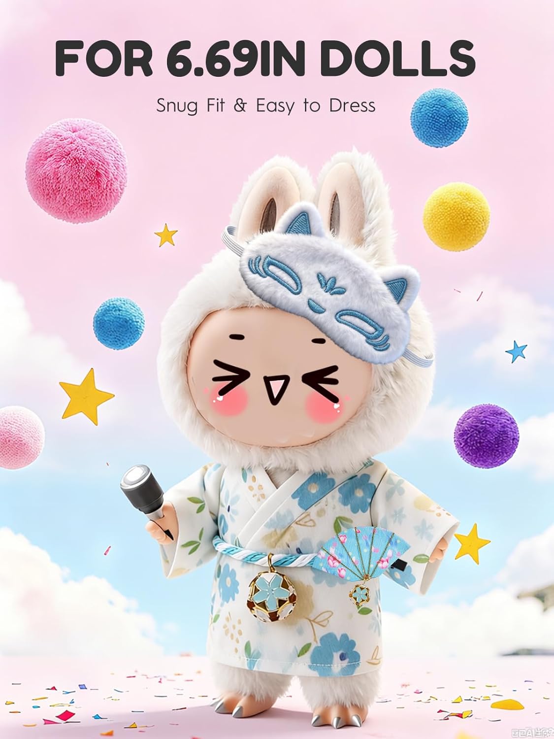 Clothes for LABUBU 6.7inch (17cm) Doll, Cute Outfit Small Dress and Hairpin, Dress Up, Accessories (No Doll) (Blue Kimono)