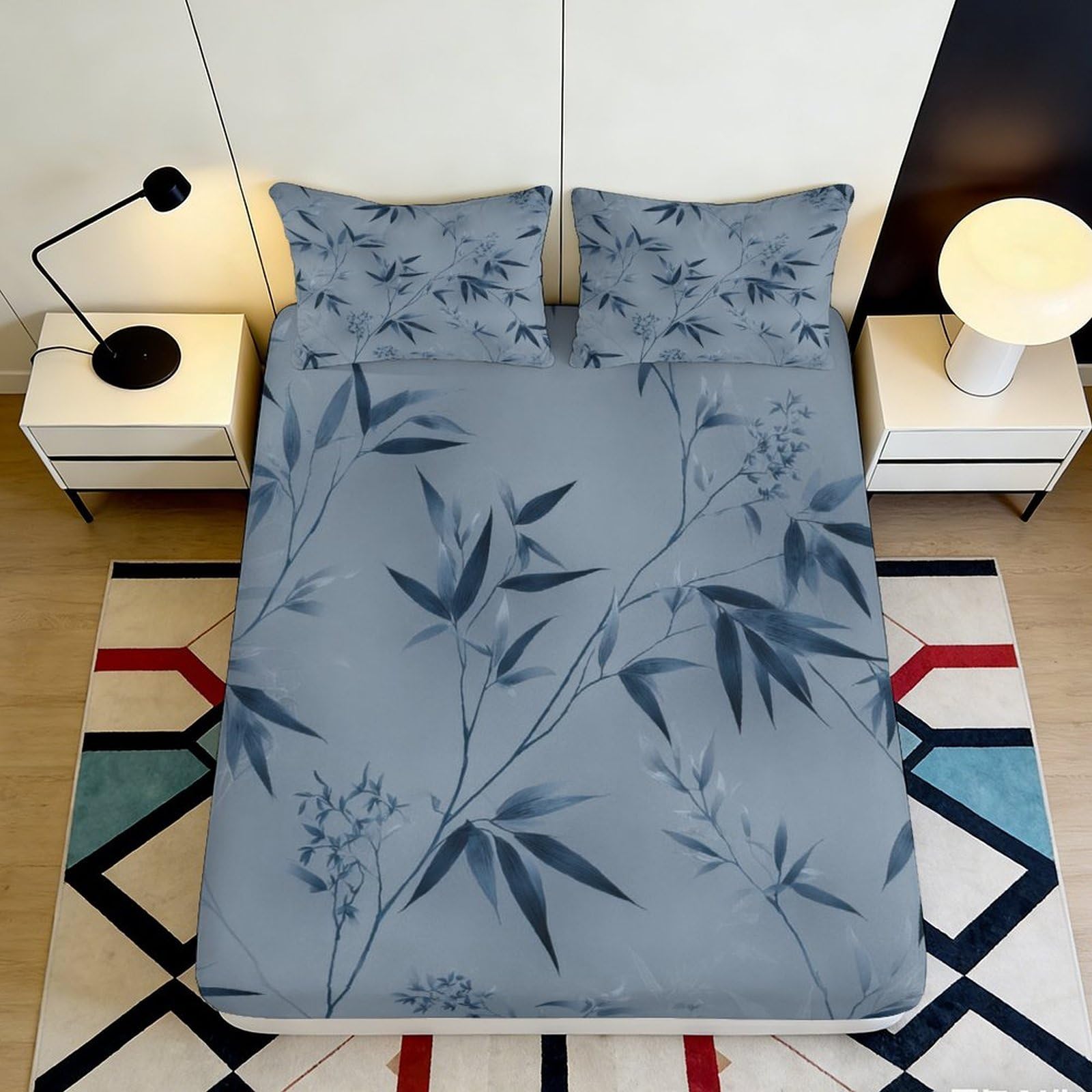 3D Printed Bamboo Leaf Fitted Sheet Microfiber Soft Blue Botanical Mattress Cover for Bedroom Guest Room Easy Care 120x200x25cm
