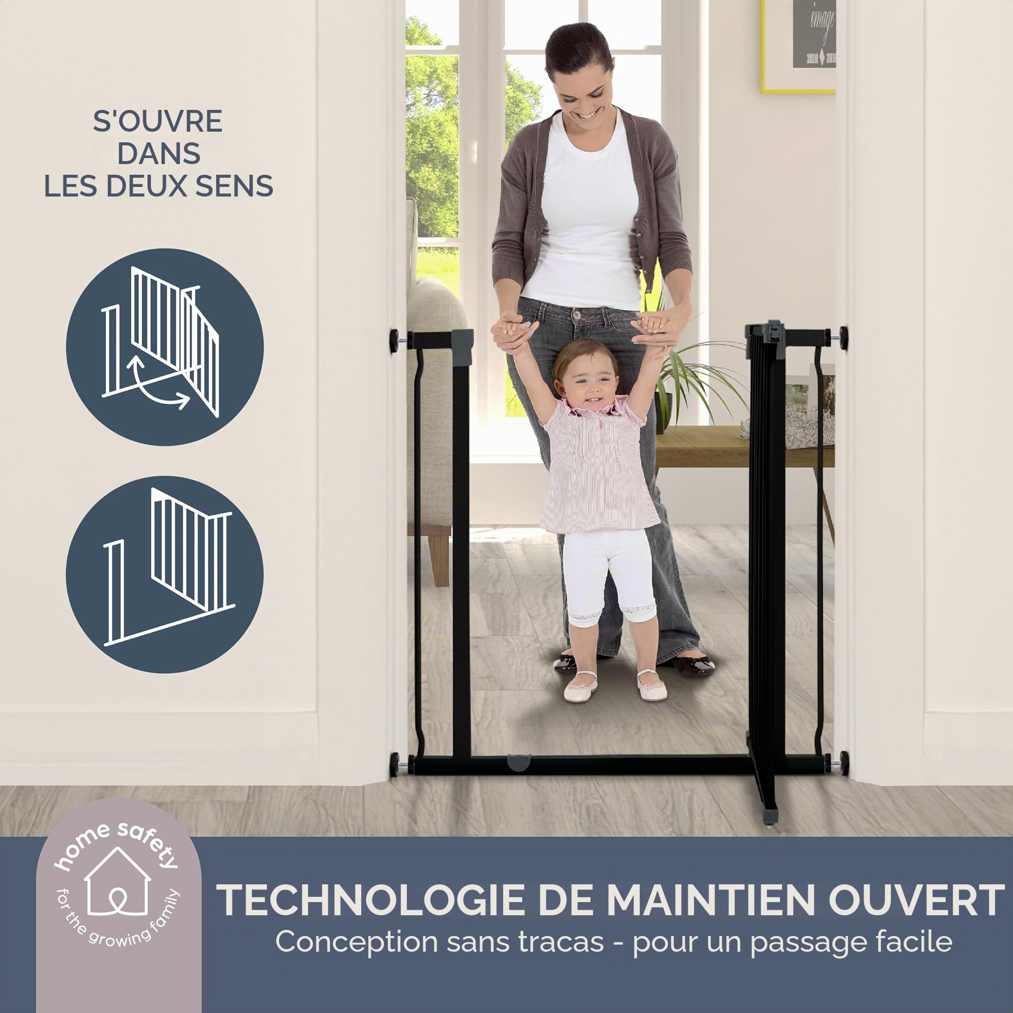 Dreambaby Barrière de sécurité Liberty Xtra-Grand- Barrières à pression - Convient aux ouvertures de 75 à 81 cm de large - 93 cm de haut - avec fonction Smart Stay Open - Noir - Modèle G1962