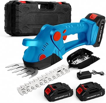 Electric Cordless Hedge Trimmer, 21V Rechargeable Shrub Trimmer Grass Shears, Dual-Blade Handheld Grass Cutter, Hedge Shear with 2 PCS Rechargeable Battery and Charger for Garden/Lawn Blue
