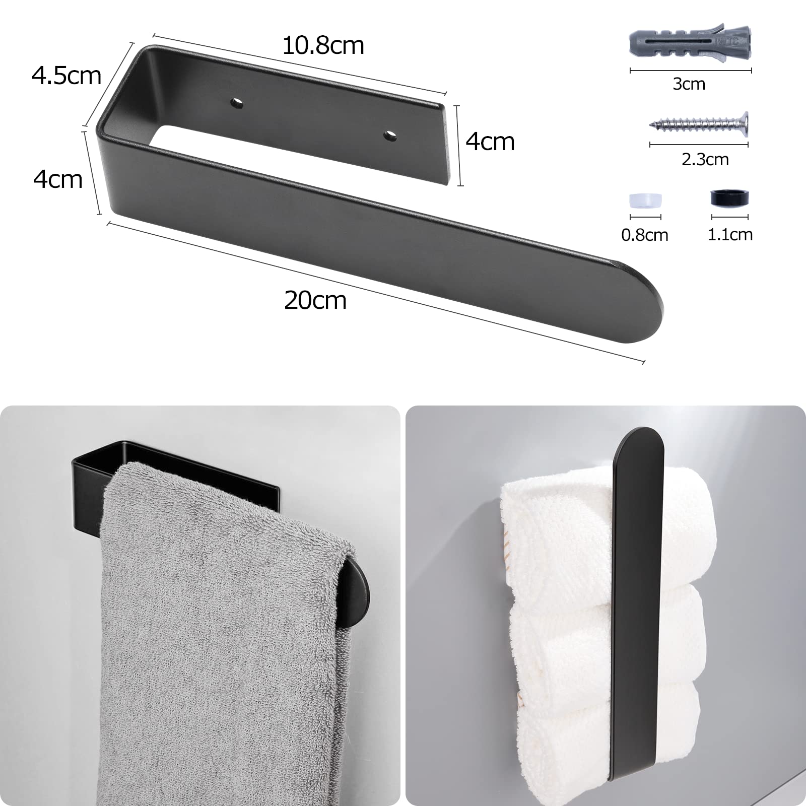 Porte Serviette Salle De Bain Noir 20cm - Adhésif Ou Perçage, Support Murale Pratique