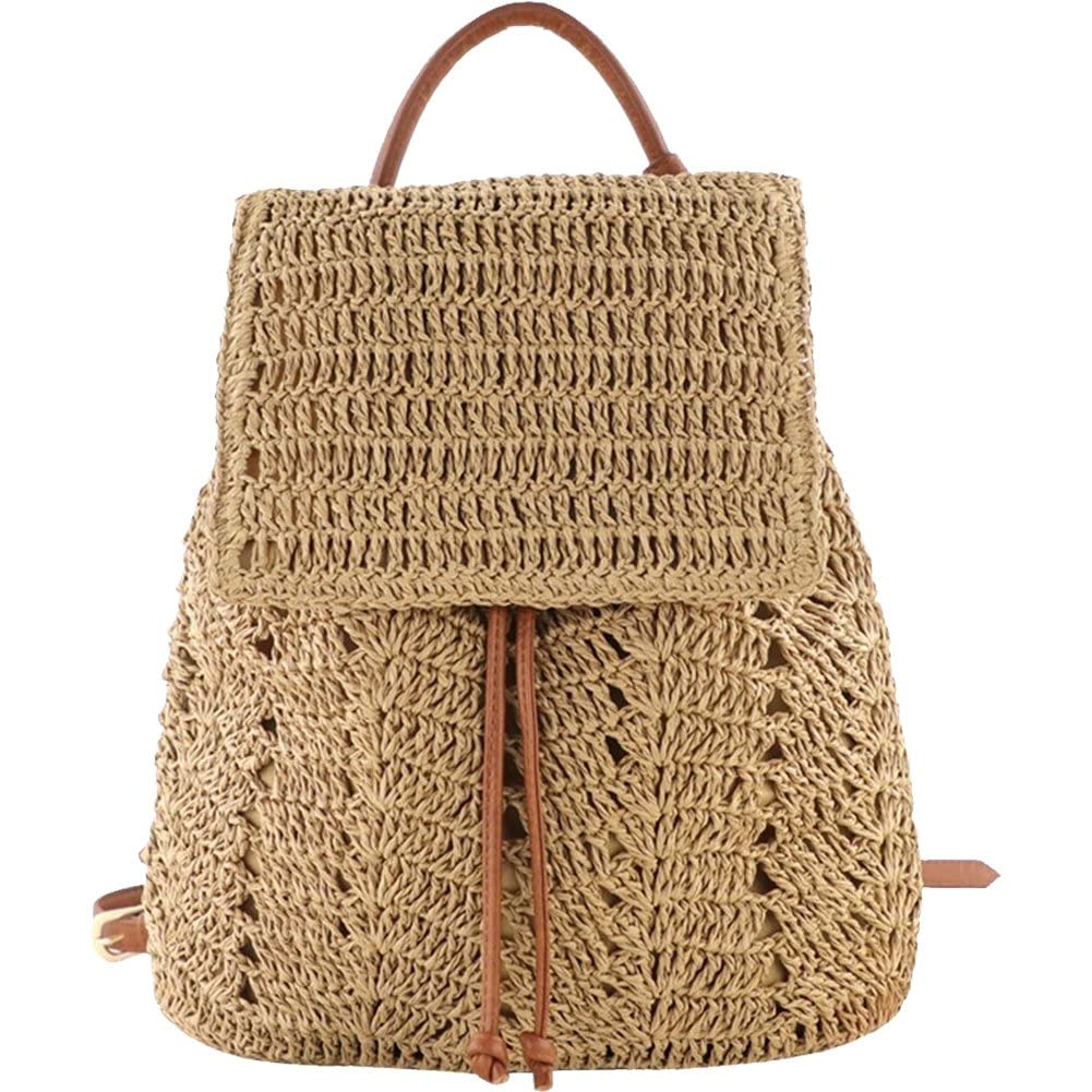 Casiler Women's Light Brown Straw Backpack Summer Hollow Shoulder Bag Crochet Woven Travel Bags Knitted Beach Backpack
