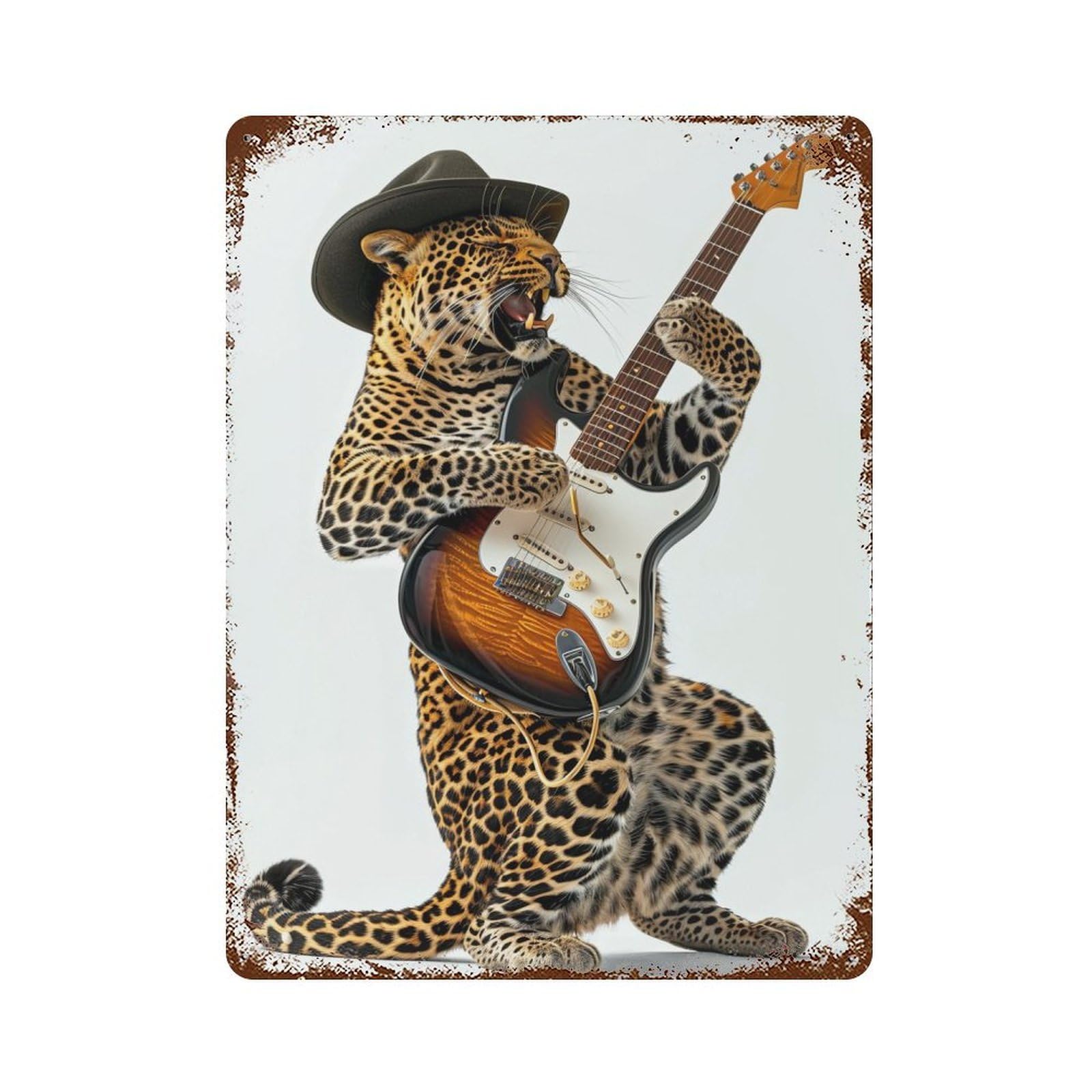 Garage Style Leopard Guitar Rustic Tin Plaque 15.7"x11.8", Classic Wall Plaque for Bar And Workshop