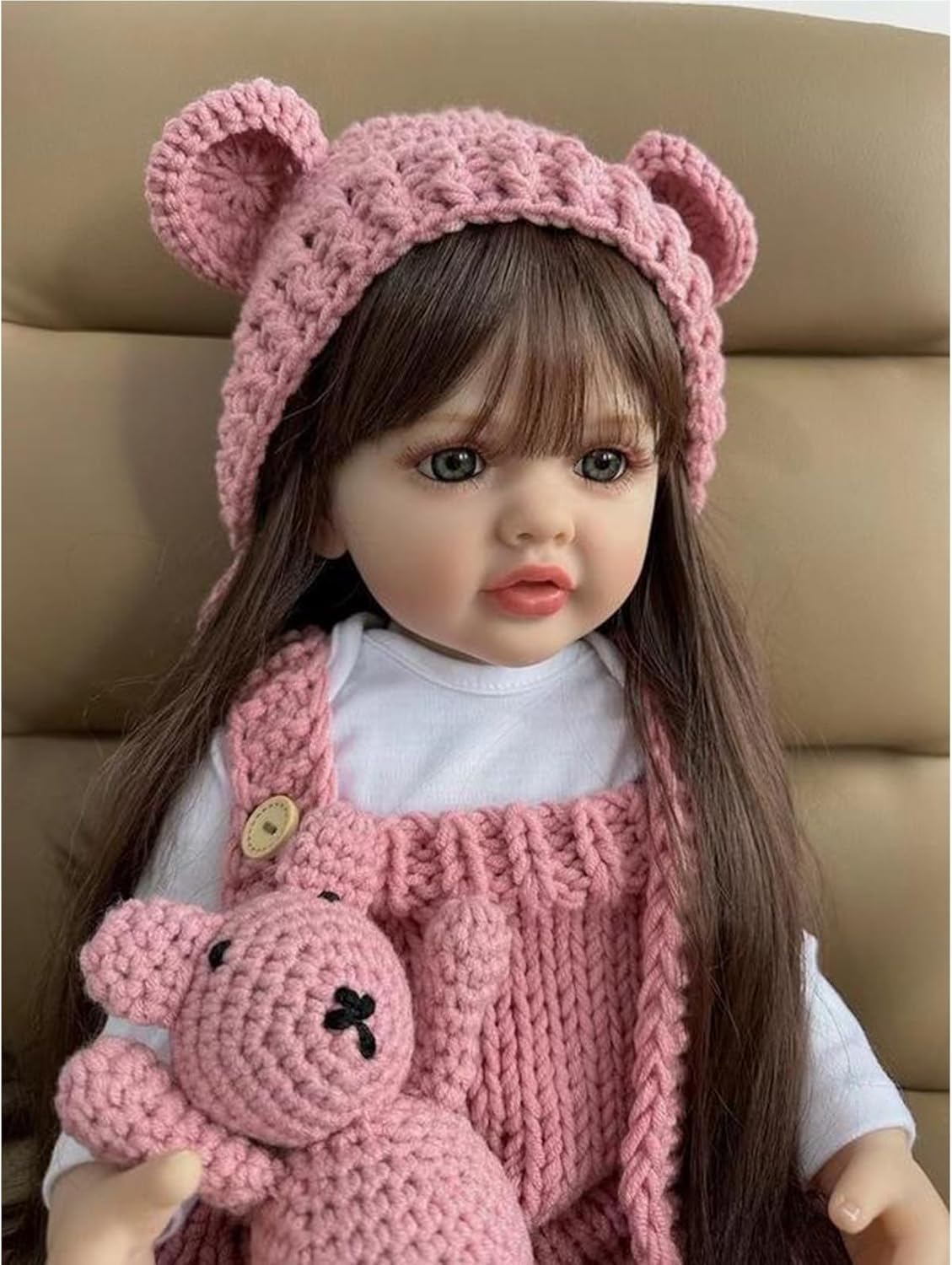 Reborn Puppe Mädchen, 50 cm Weiches Silikon Vinyl, Rosa Gestricktes Outfit mit Bärenmütze, Inkl. Kuscheltier, Geschenk für Kinder