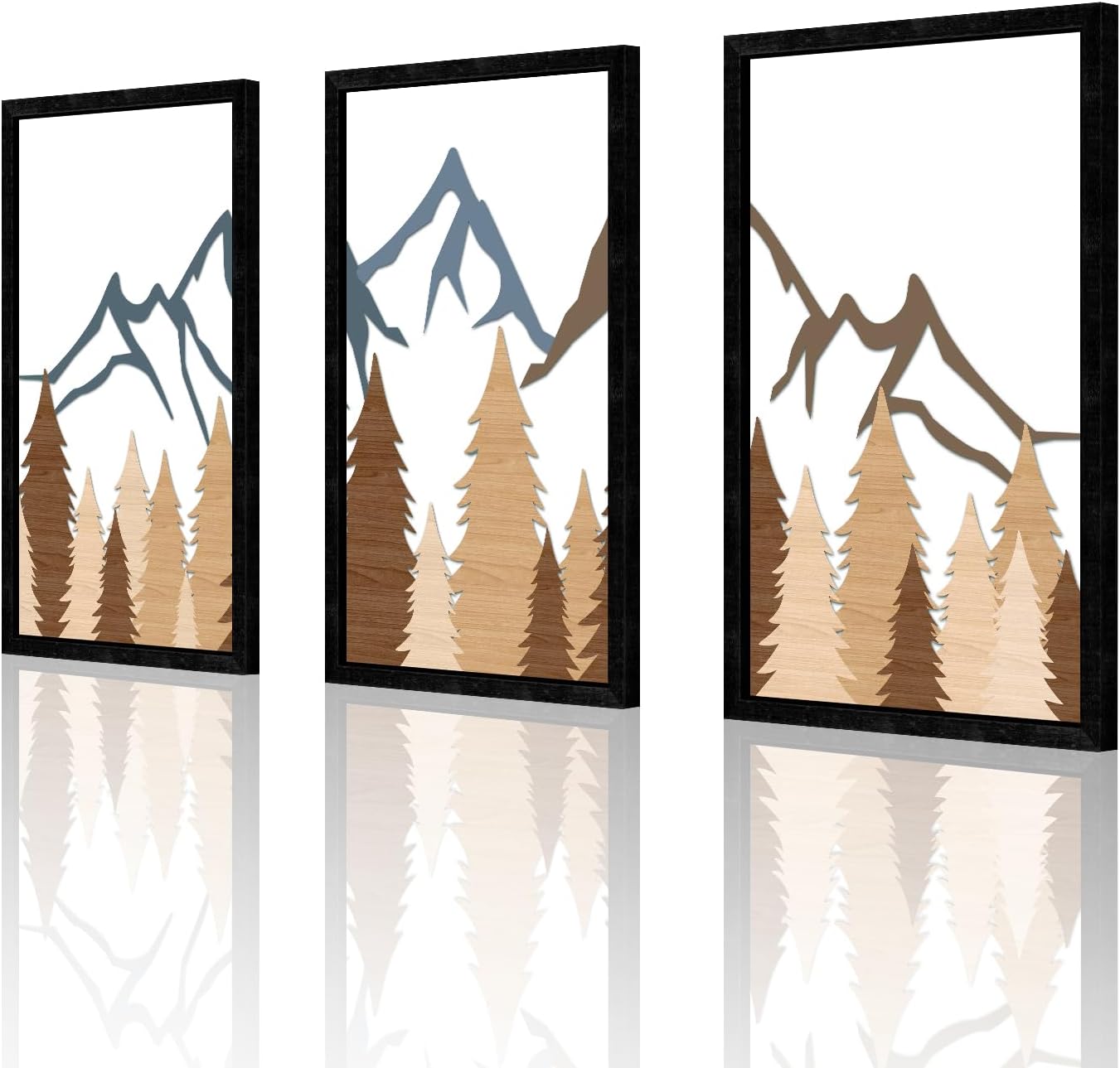 Easozoom Mountain Forest Nature Print Wood Wall Art Decor Rustic Minimalist Western Framed Artwork Set of 3 (16 * 11 Inch) Applies to Living Room Bathroom Bedroom Office Above Bed black