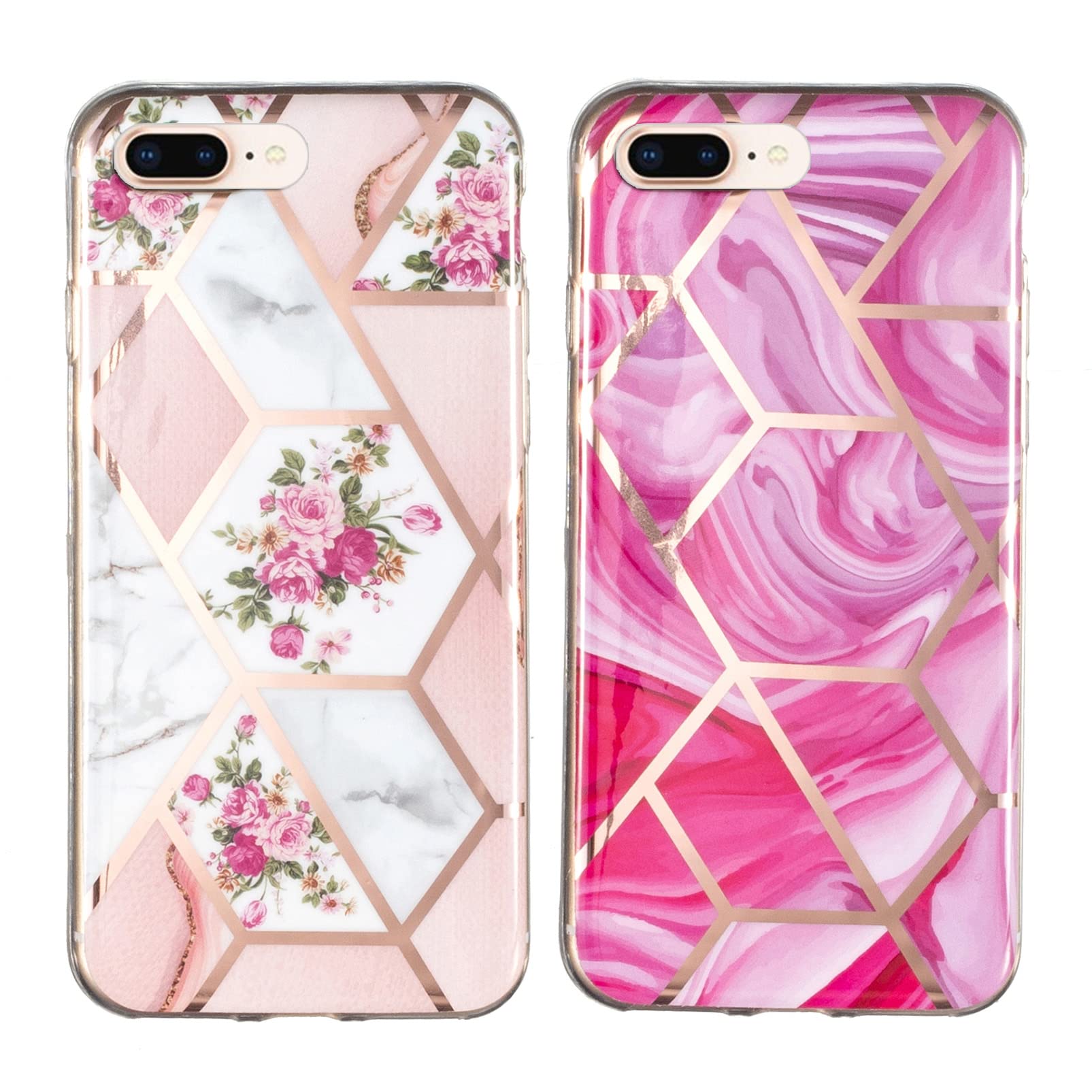 2 Pcs Cases for iPhone 8 Plus| iPhone 7 Plus Case Marble Floral Design, 2 Pack Luxury Phone Protective Skin Soft TPU Bumper Clear Frame Geometric Cover for Girls Women (Rose, Magenta)