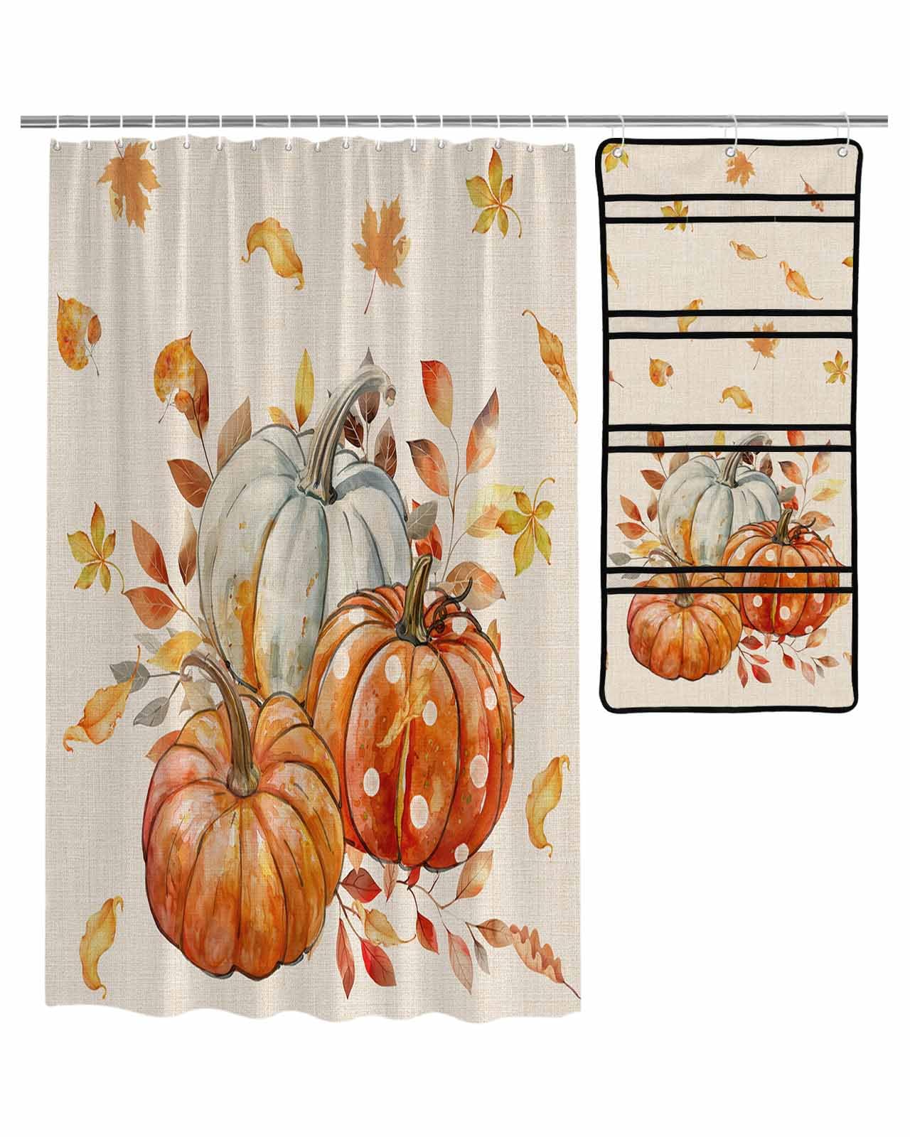 ZFUNCING Shower Curtain Mesh Shower Organizer Set Farmhouse Thanksgiving Fall Pumpkin Waterproof Bath Curtains Hanging Shower Caddy Bathroom