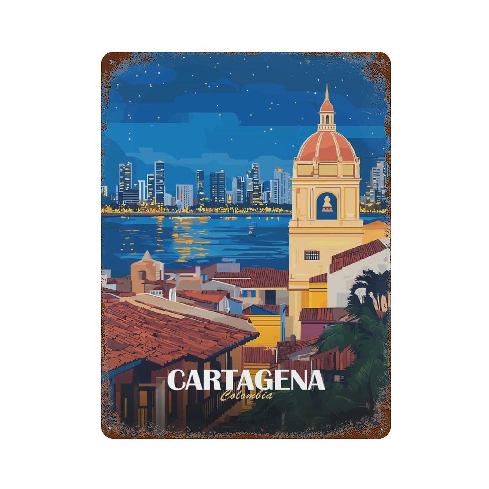 Cartagena Colombia Cityscape at Night Retro Metal Sign 15.7"x11.8", Shabby Chic Decor for Garage, Pub Or Kitchen