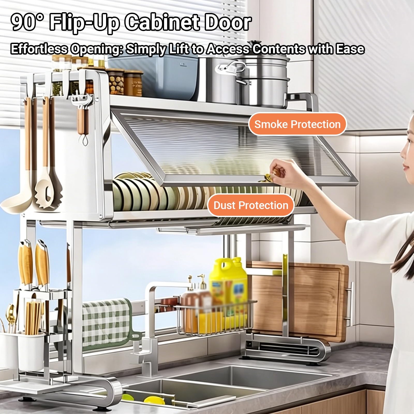 Escurridor de platos de acero inoxidable para colgar sobre el fregadero, almacenamiento de cocina con puertas de armario, soporte para cubiertos, organización para platos y vasos, práctico ahorro de