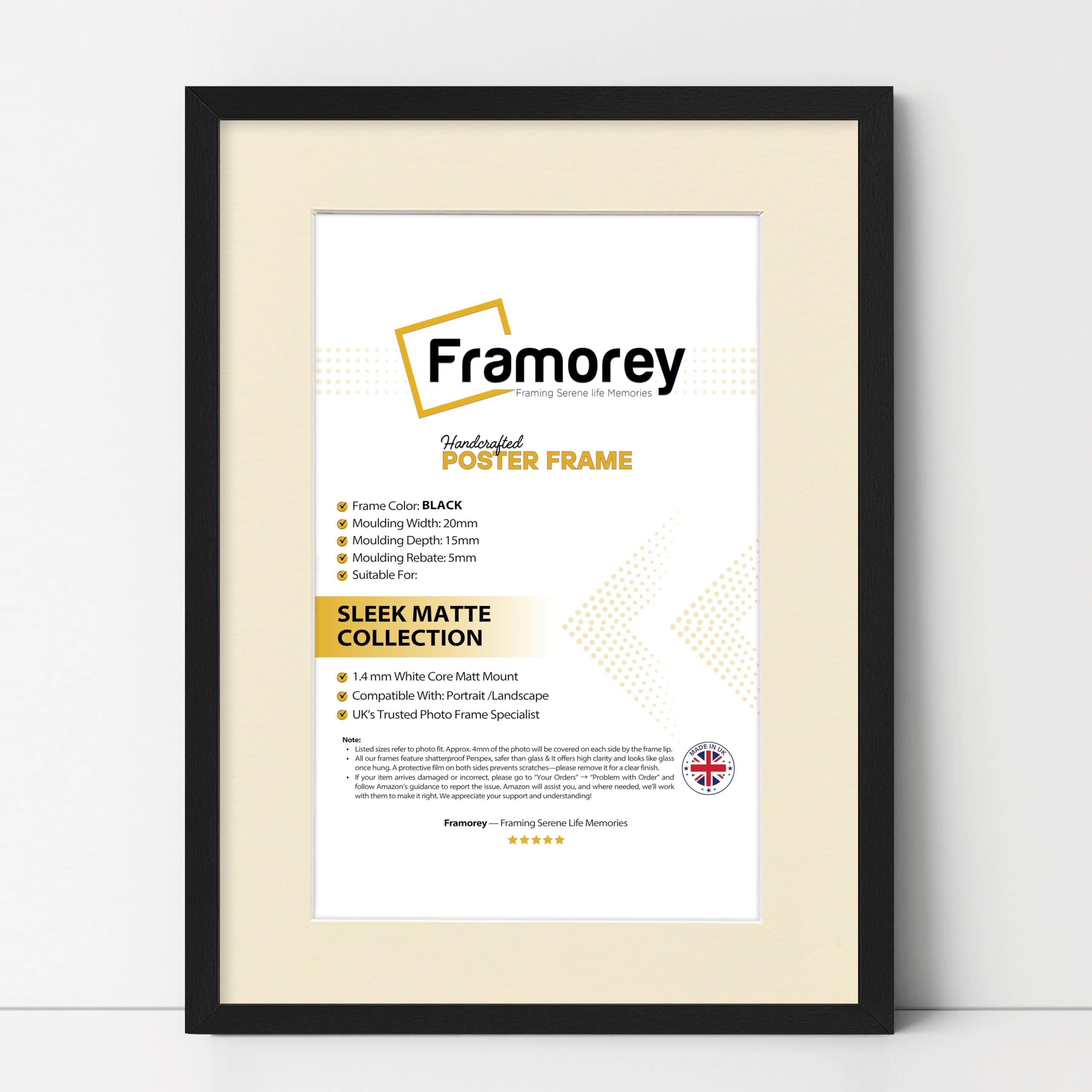 FRAMOREY Thin Matt Black Photo Frame 20x16" Size Picture Frames With 16x12" Size Ivory Mount, Flat Wooden Effect Photo Frame, Home Décor Frame, Wall Art Poster Frames