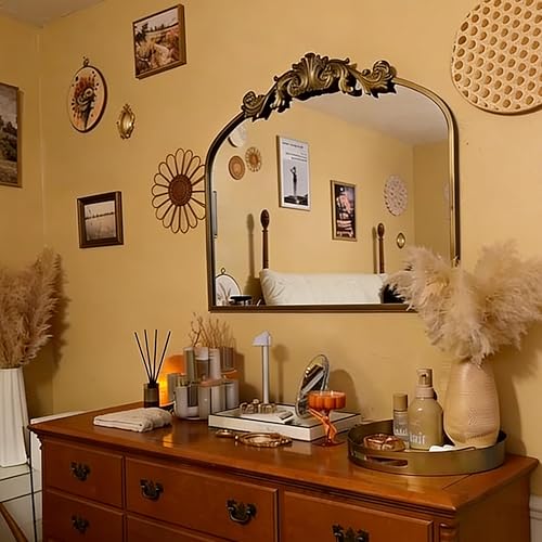 Miniatura 3 de USHOWER Gold Anthropologie - Espejo arqueado vintage de 36 x 30 pulgadas, espejo adornado barroco grande con marco de latón antiguo para chimenea