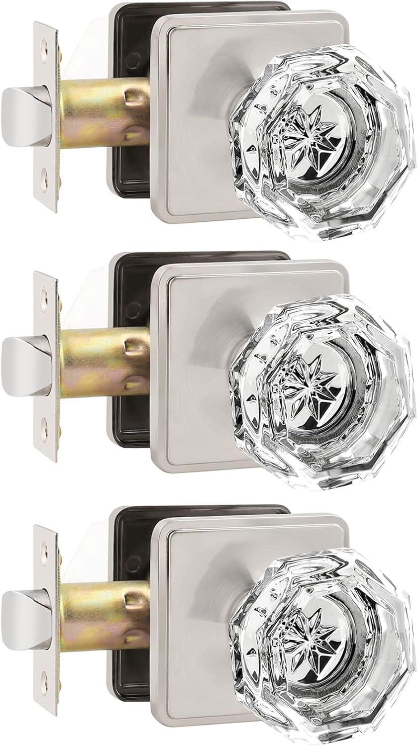 Orger Passage Glass Door Knob for Interior Hall and Closet, Clear Crystal Door Knobs in Satin Nickel Finish, Keyless Non-Locking Door Handles with Square Back Plate, 6 Pack