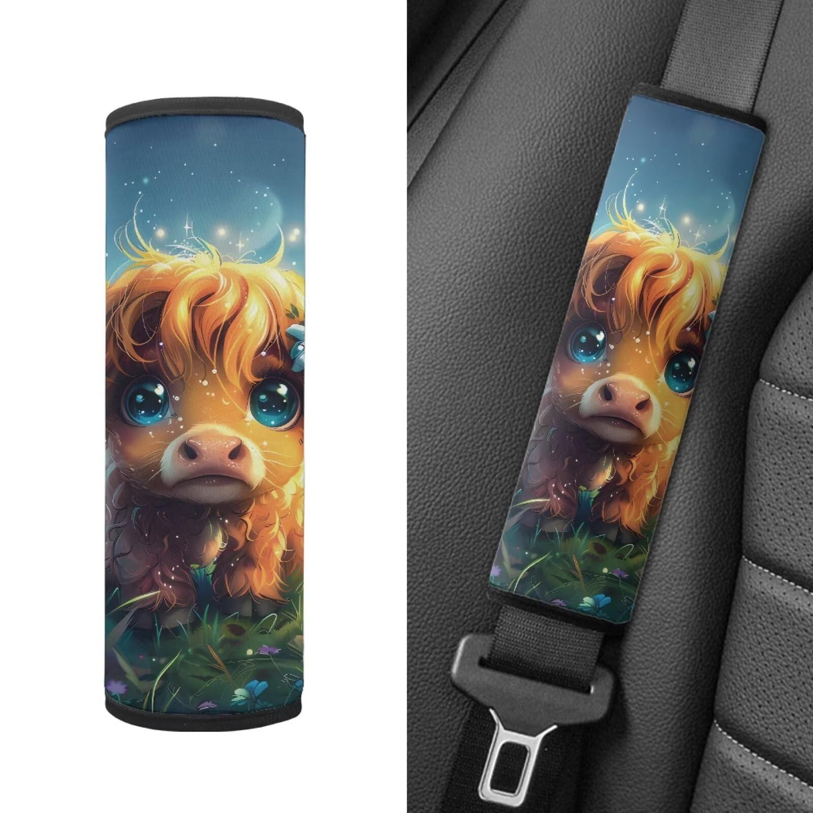 Biyejit Cute Highland Cow Car Seat Straps Shoulder Pad for Kids, Seat Belt Pad, Children Seatbelt Padding, Soft Comfort Seat Belt Cushion, Car Accessories for Boys Girls 2 Pack