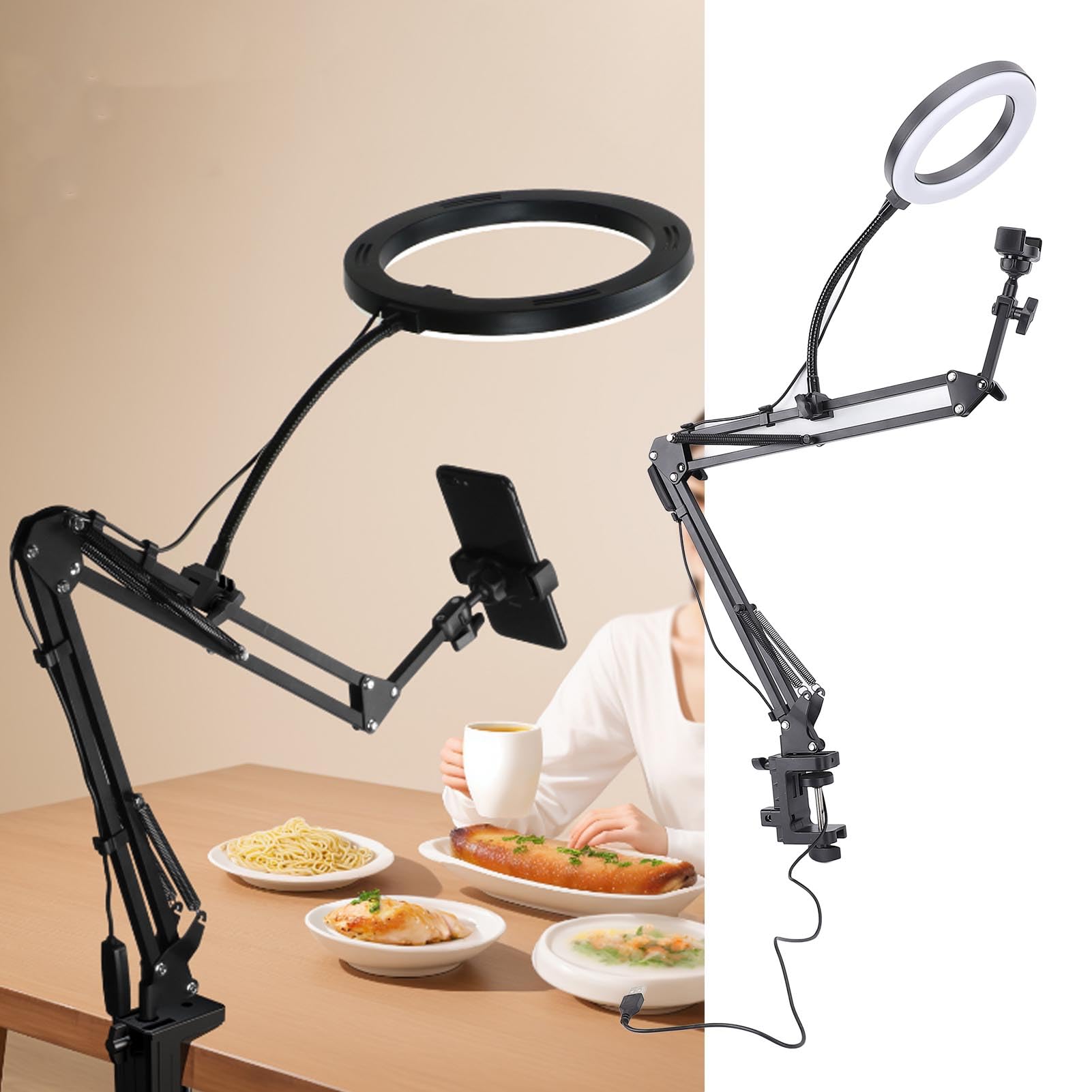 Overhead Phone Mount with Ring Light, Flexible Adjustments, 30 Lighting Options, 3 Color Temperatures, 360° Rotatable, Stable Support Portable Phone Stand for Eyelash,Beauty, Craft