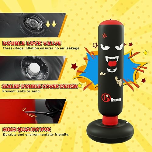 Miniatura 3 de Juego de saco de boxeo inflable independiente para niños con guantes y bomba de aire, diseñado para niños de 4 a 12 años, descompresión segura, la