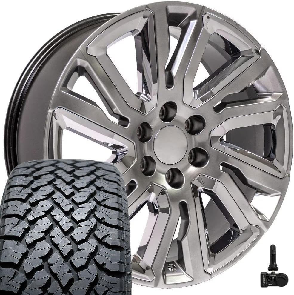 OE Wheels CV39 22 Inch Rims and Tires Fit Sierra 1500 Style 6x139.7 22x9 Gloss Hyper Black with Chrome Insert - Hollander 5907 - TS-37 AT 285/45-22 (Set of 4)