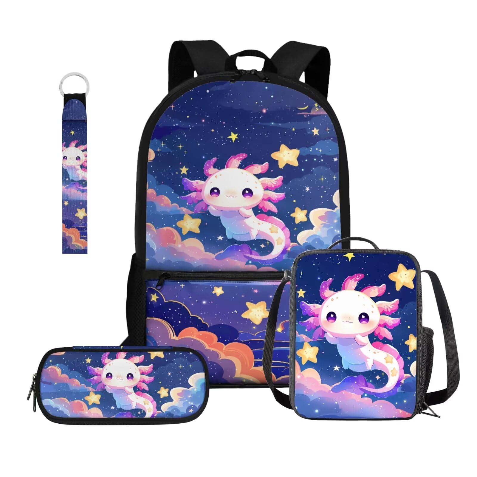 Gomyblomy Galaxy Axolotl Backpack for Girls 6-8 8-10 Cute Kids Backpack with Lunch Box Pencil Case Keychain 4 in1 Set Lightweight Girls Bookbag for