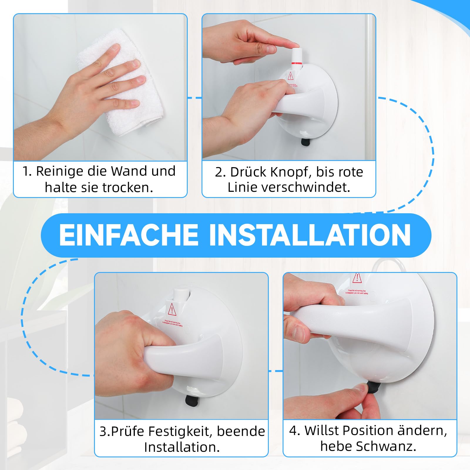 Haltegriff Dusche ohne Bohren 2er Set, Duschgriff mit Saugnapf bis 190 kg, Bad Haltegriff mit Rot/Grün Sicherheitsanzeige, Sauggriff Dusche für Senioren, Badewanne, WC, Weiß