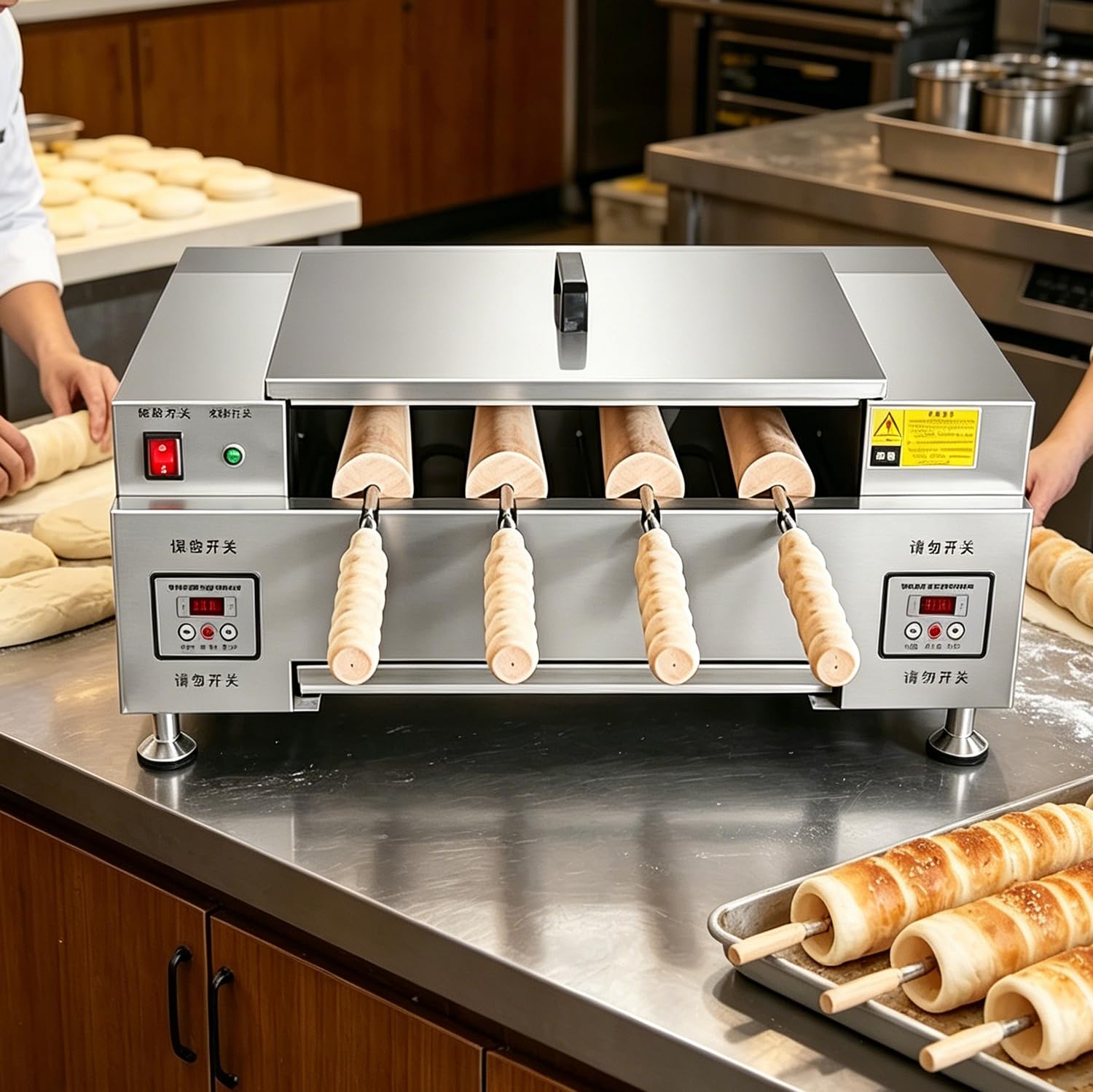 Azcabjie Commercial & Household Chimney Cake Roll Oven, Adjustable Temperature Electric Ice Cream Cone Maker, 3000W High Power Chimney Bread Toast Baking Grill Machine Digitaldisplay