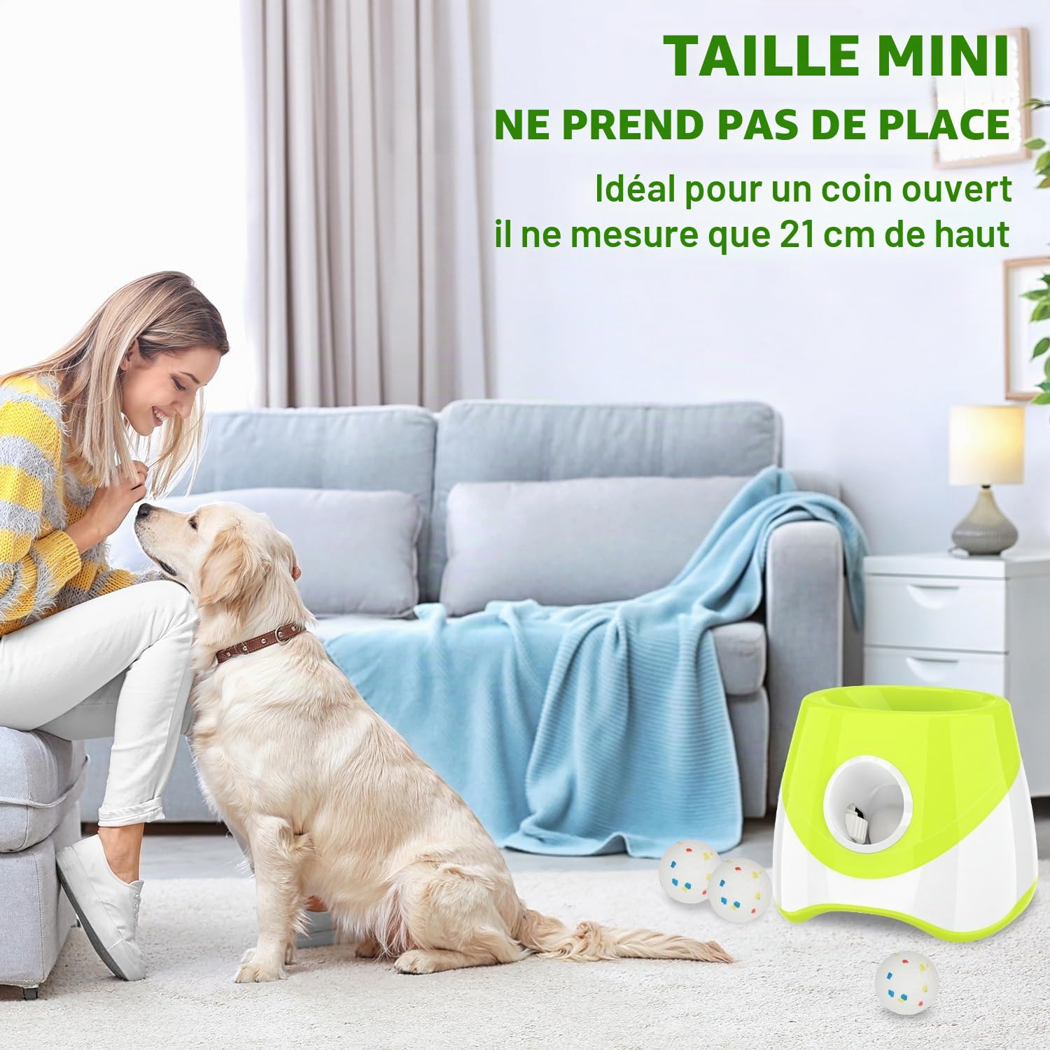 Lanceur de balles pour chien, Lanceur automatique de balles pour chien avec 3 distances de lancer de 6-14 m, Jouet interactif pour petits chiens à l'intérieur et à l'extérieur avec 3 mini
