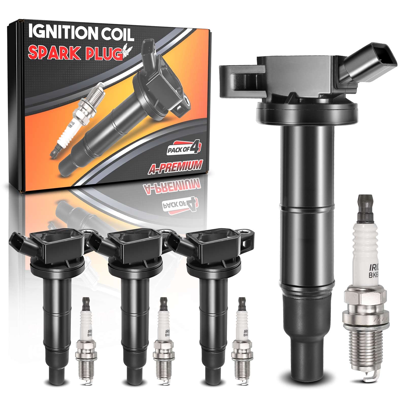 A-Premium Set of 4 Ignition Coil Pack and Iridium Spark Plugs Compatible with Toyota Camry Corolla Highlander Matrix RAV4 Solara & Scion tC xB & Lexus HS250h & Pontiac Vibe, 2.4L