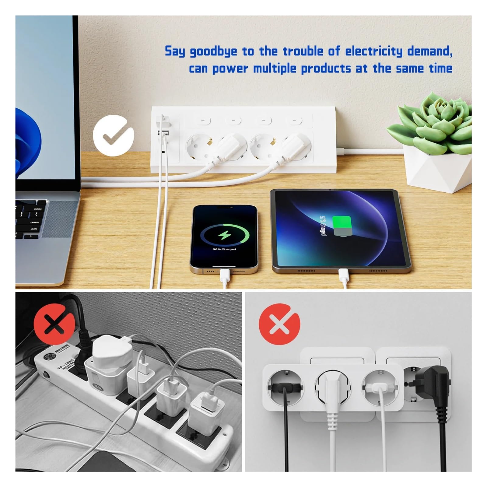 Regleta de enchufes UE 8 en 1 con 4 interruptores, extensión de 1,5 metros, 4 enchufes de CA, 2 puertos USB tipo C, esquina, independiente(Black)
