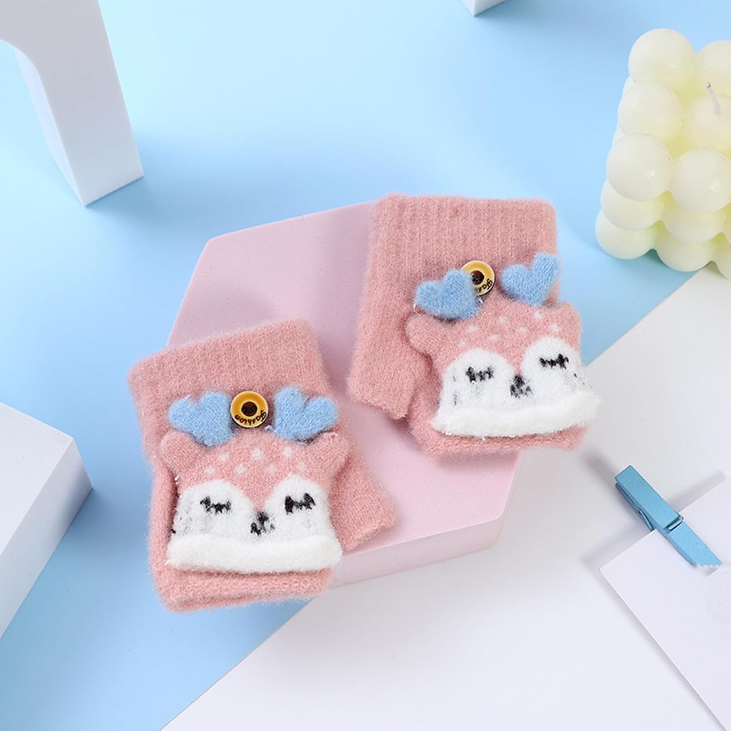 Cute Deer Convertible Flip Top Gloves Kids Winter Knitted Fingerless Gloves with Mitten Cover Aged 0-2 Boys Girls
