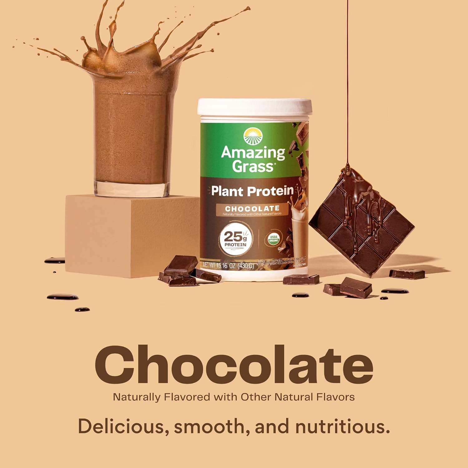 Amazing Grass Vegan Protein Powder, Plant Based Organic Blend with 25g of Protein, Dairy, Gluten & Soy Free - Creamy Chocolate (10 Servings)