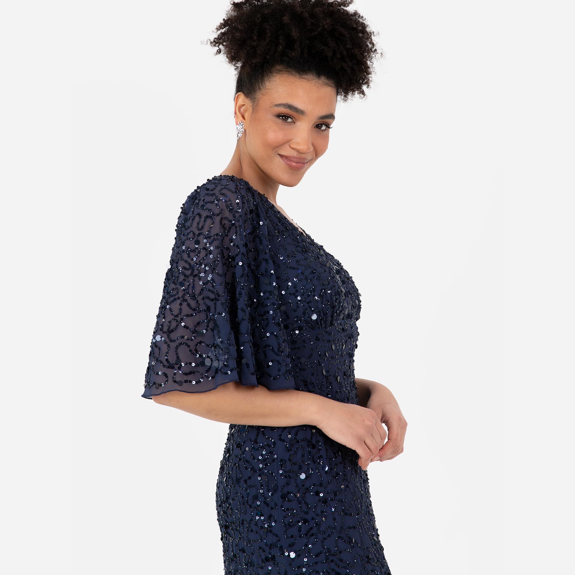 Maya Deluxe Damska sukienka maxi, dekolt w serek, krótka sukienka aniołowa, wybijana linia A Bridesmaid Wedding Guest Prom Ball Gown, granatowa, 44, granatowy, 44