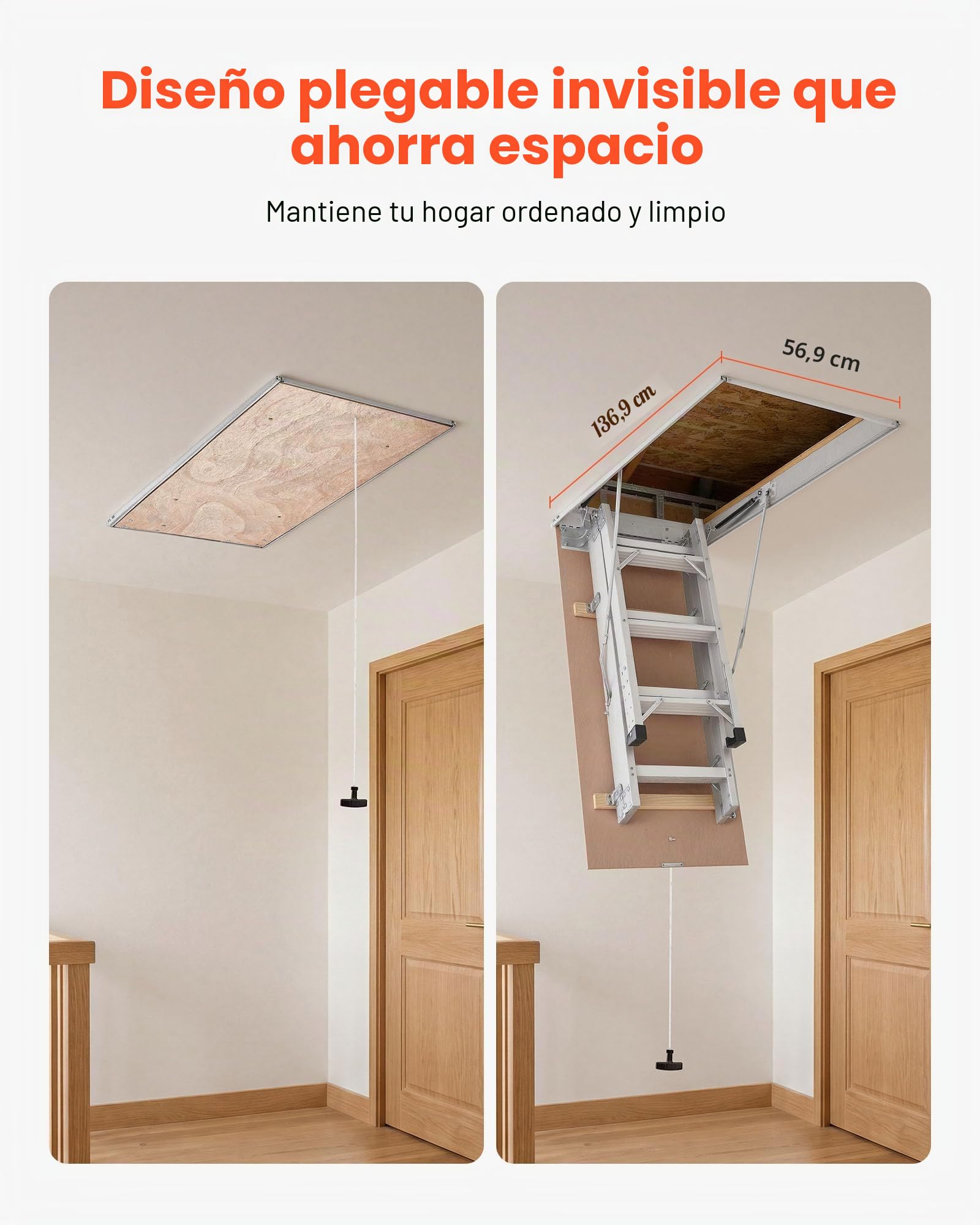 VEVOR Escalera Escamoteable de Aluminio para Techo, Escaleras de Ático Plegable con Trampilla, Cuerda de Tracción, Soporte Hidráulico, Altura Ajustable 2,34–3,15 m, Capacidad 170 kg, Ahorra Espacio