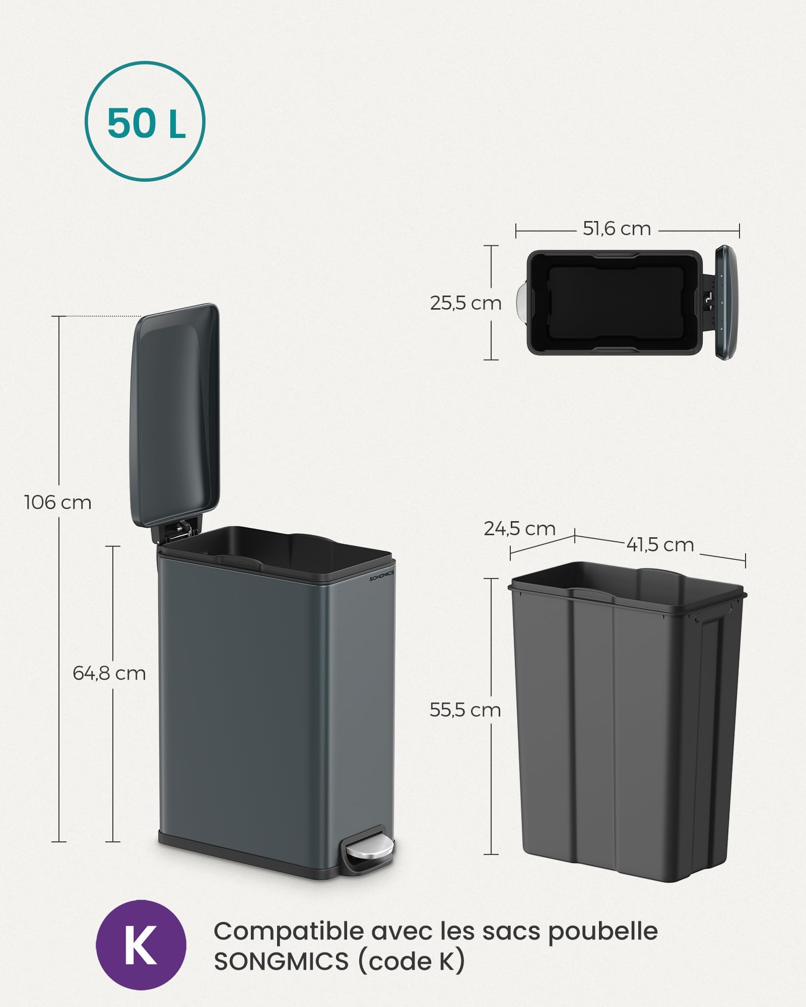 SONGMICS Poubelle de Cuisine 48L, Poubelle à Pédale, Acier, Gris Anthracite