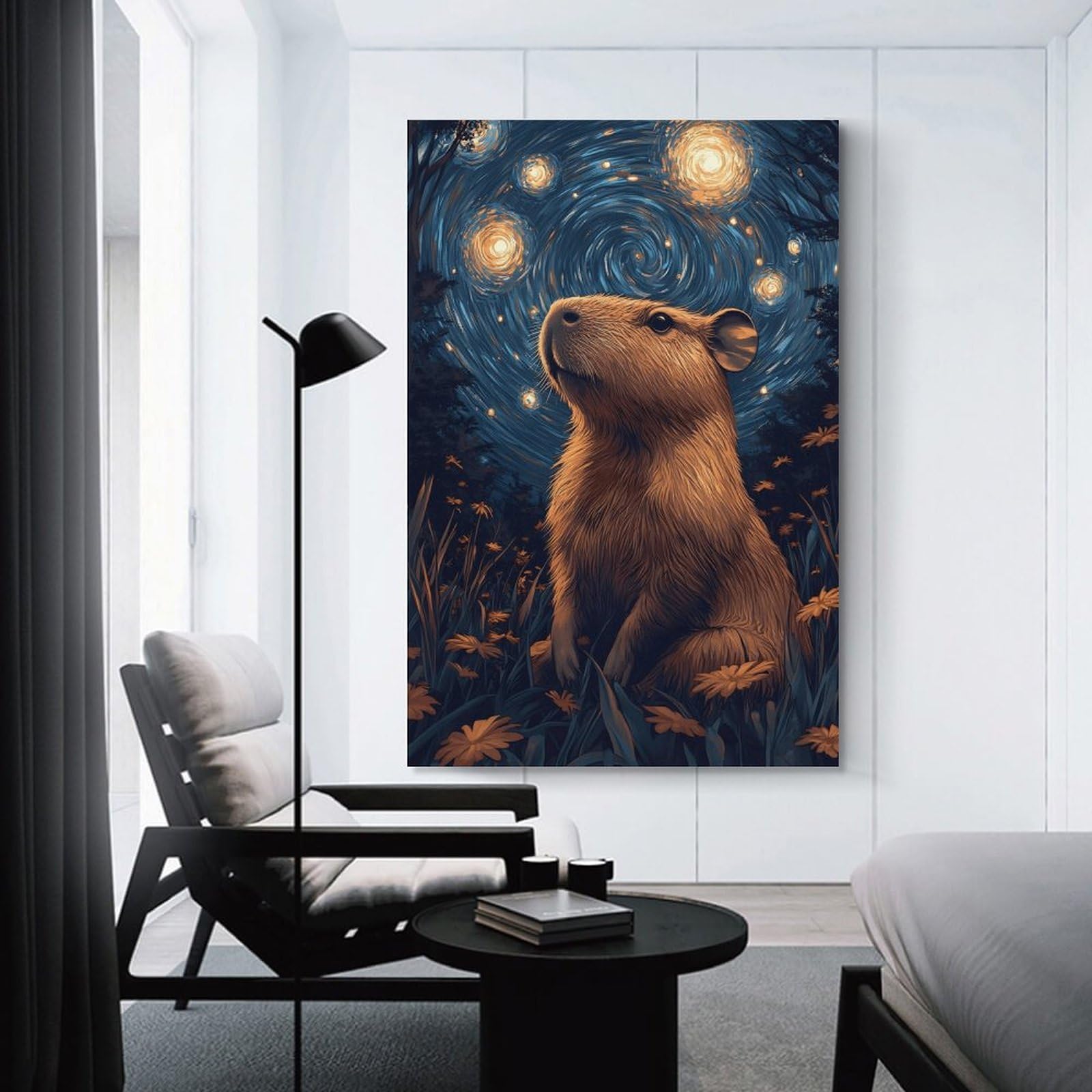 Junmoney Unframe-Style Decorative Wall Artwork Night Capybara Painting, 24X36inch(60X90cm), For Sofa Walls, Lounge Or Home Corners, Modern Wall Decor For Cosy Interiors