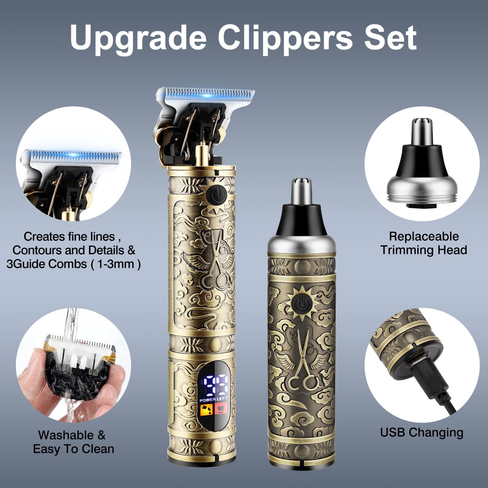 Set di tagliacapelli da uomo senza fili, professionale, con lama a T ricaricabile tramite USB, per barba/naso, kit per tagliare i capelli, regalo per uomini