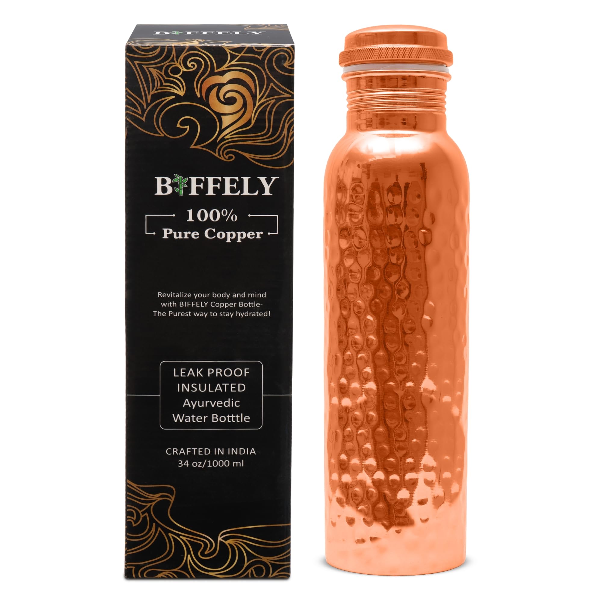 Bouteille d'eau en cuivre martelé massif 100% fabriquée à la main – Bouteille ayurvédique en cuivre ayurvédique pour homme et femme | Design à large ouverture | Couvercle robuste et anti-fuite de