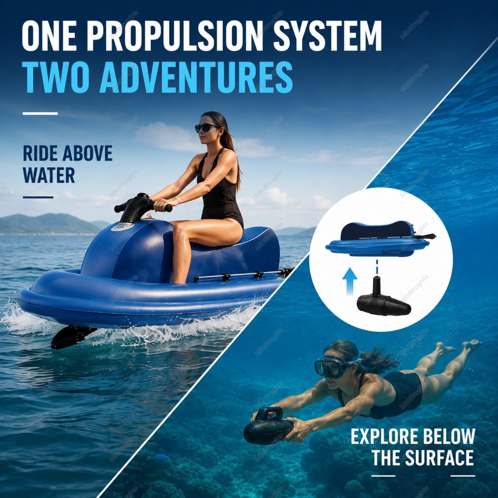 Motorisiertes, aufblasbares Wasserfahrzeug zum Draufsitzen, tragbares elektrisches Jetboot mit Doppelflossen-Design und abnehmbarem Bugstrahlruder für Seen und Pools 500W10A
