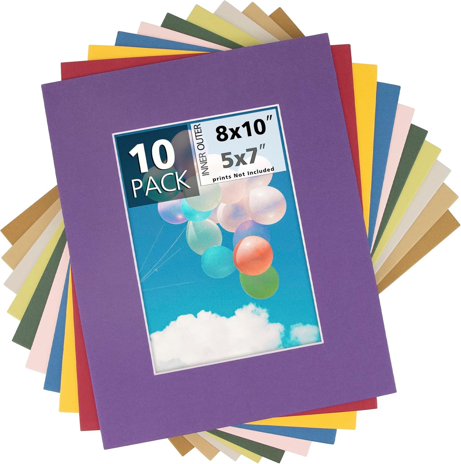 Mat Board Center, Pack of 10, 8x10 Mixed Colors White Core