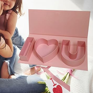 Empty Flower Gift Box, I Love U Floral Arrangement Letter Shaped Cardboard Fillable Packaging Container, Rose Bouquet Favor Box with Ribbon for Valentines/Mother's Day/Birthday, Pink