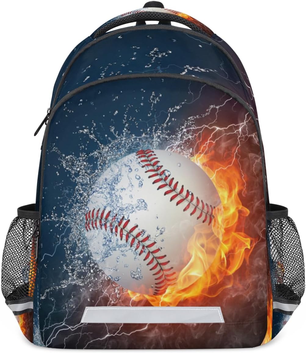 Sports Baseball Ball Fire Water School Backpack for Girls Boys Teen Primary Bookbag Daypack Knapsack 15 In Laptop Backpak for Travel Camping