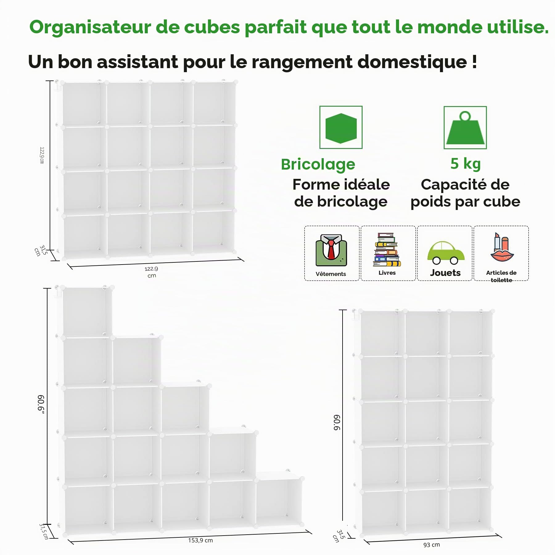 C&AHOME Organisateur de Rangement cubique, 16 étagères cubiques, Armoire de Placard, étagère à Livres modulaire en Plastique, Salon, Bureau, 48,4" L x 12,4" l x 48,4" H Milky UPCS16M