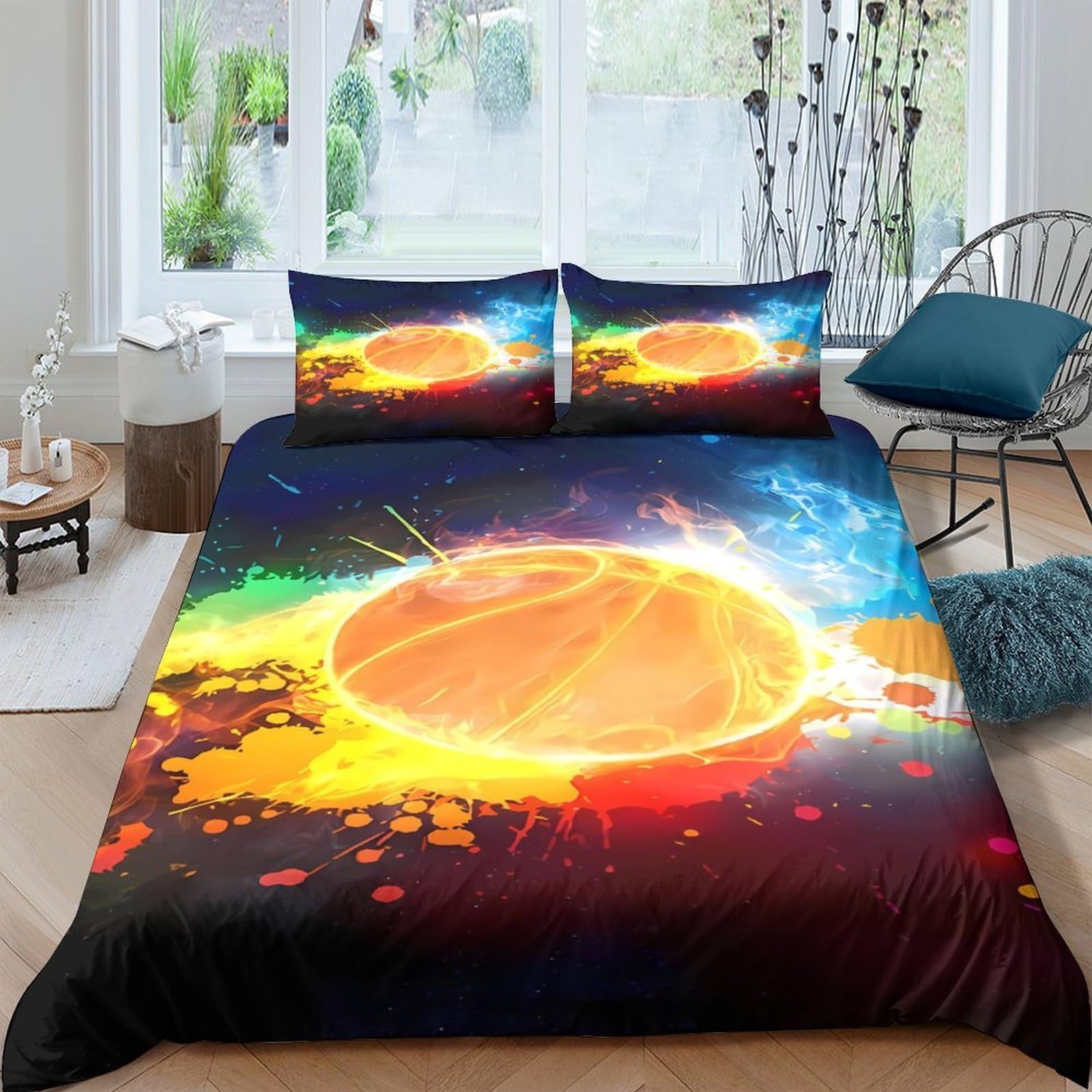 GPLZQXKJNH 3D Printed Basketball Fire Duvet Cover Set Microfiber Soft Breathable Cosmic Splash Bedding with 2 Pillowcases for Bedroom Decor Single（135x200cm）