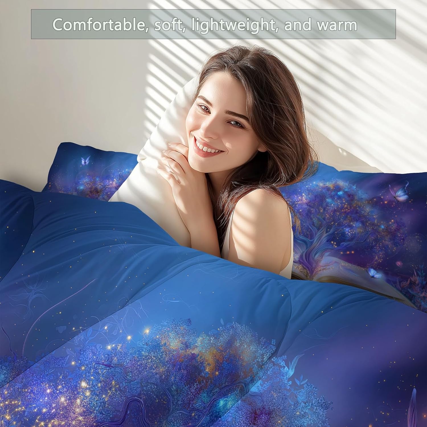 3 Pieces Plum Bedding Set, Fantasy Tree of Life Bookshelf Twin Comforter Set for Kids Girls Room Decor, Aesthetic Soft Microfiber Quilt for All Season (68" x 90")