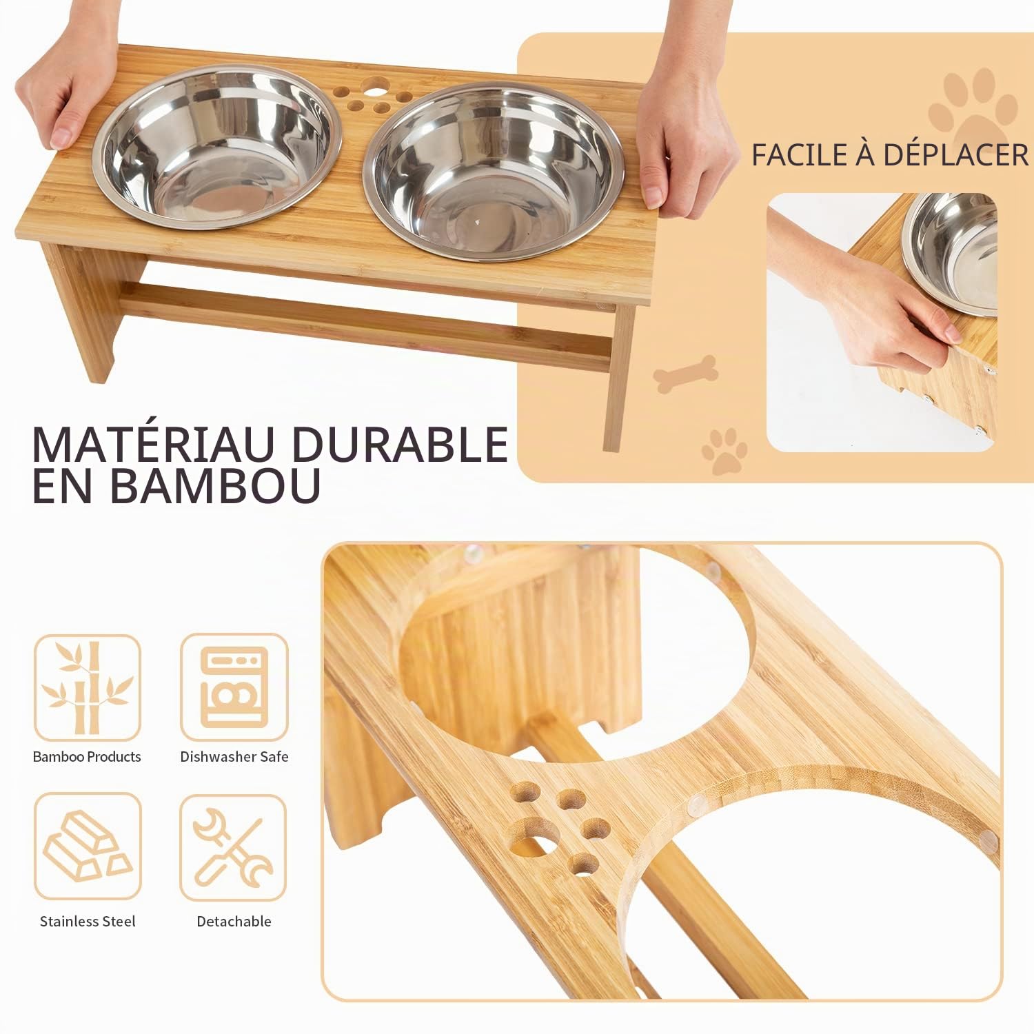 FOREYY Gamelles surélevées - pour Chiens et Chats - Supports surélevés en Bambou avec 2 gamelles d'eau et de Nourriture en Acier Inoxydable - avec Pieds antidérapants (Large - 25.4 cm High)