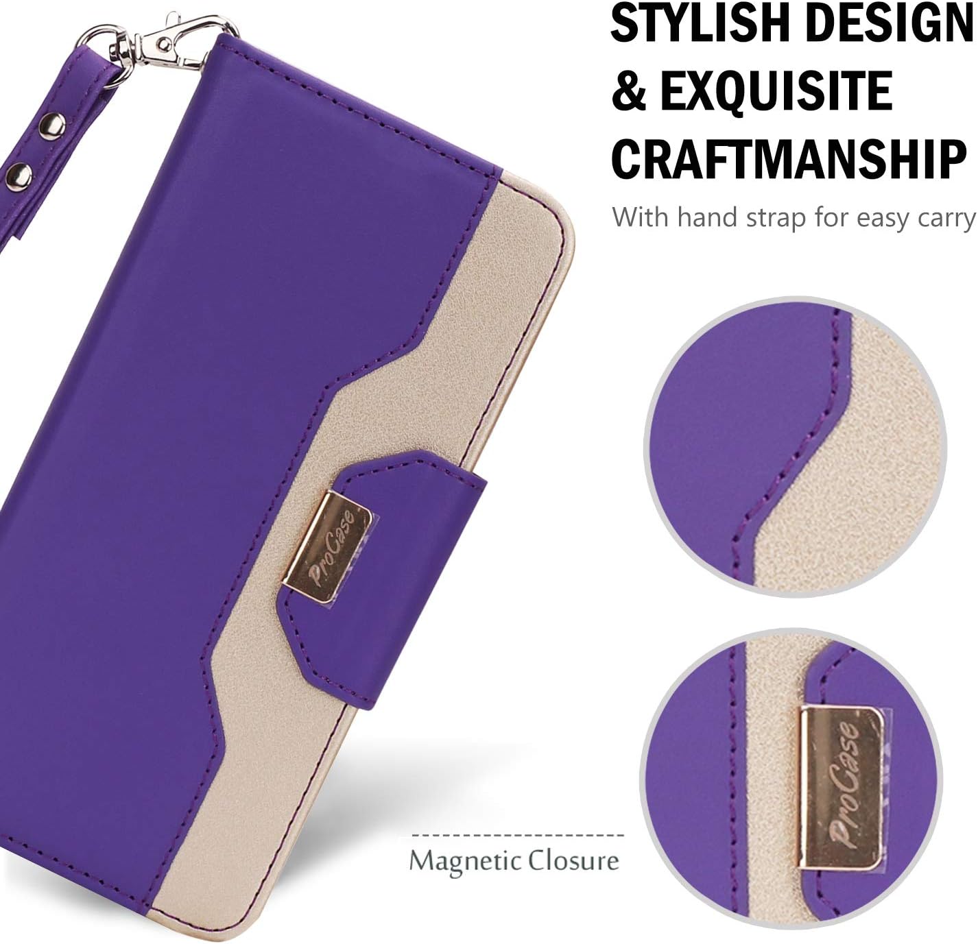 ProCase LG G7 Wallet Flip Case, Folio Folding Case with Credit Card Holders Wristlet Kickstand Phone Cover Case for LG G7 ThinQ 2018 -Purple