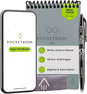 Rocketbook Mini Reusable Smart Notepad, Pocket Size Notebook 3.5x5.5, Gray - Dotted Pages, App-Connected, Erasable, Ideal for On-The-Go List Taking & Quick Notes Anywhere
