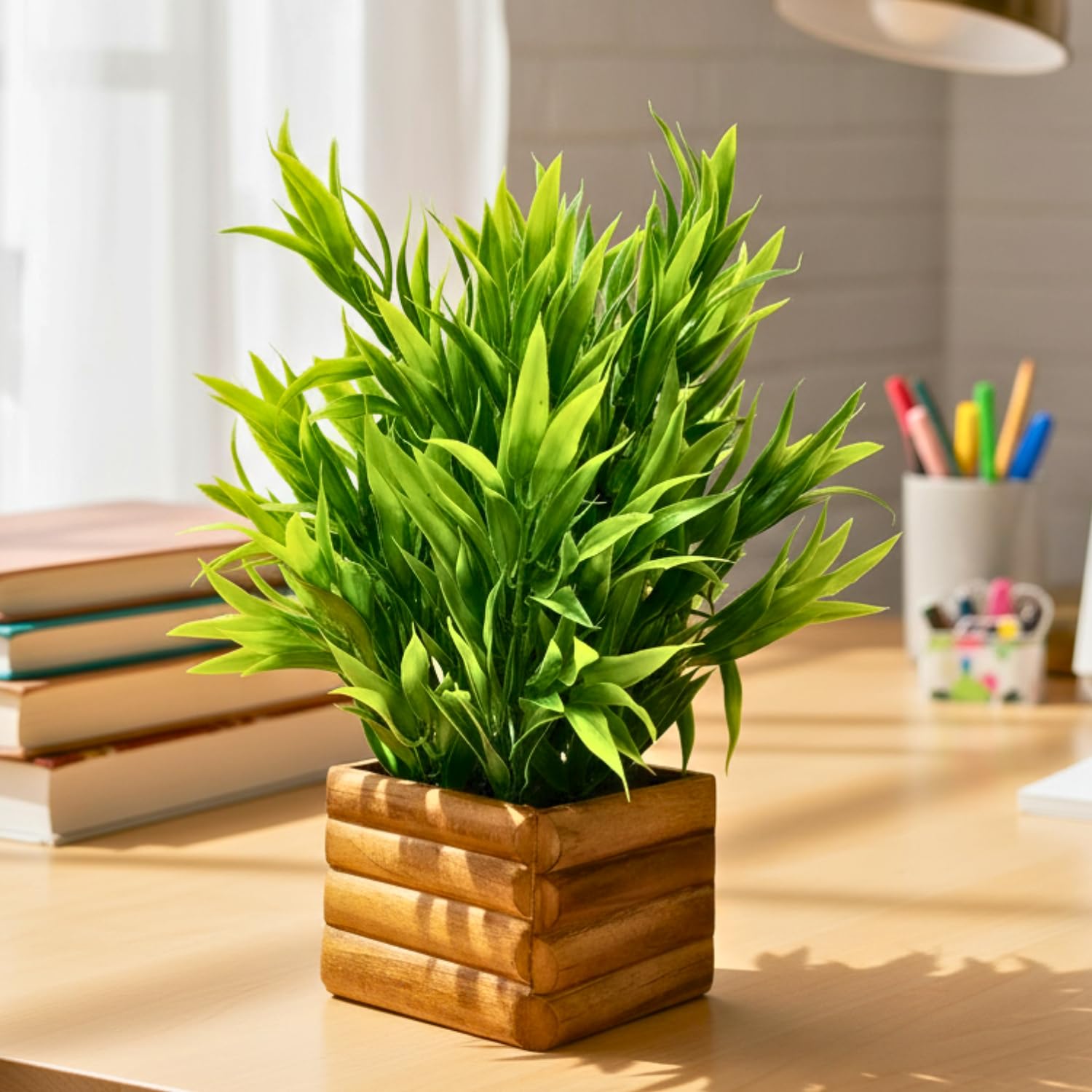 fancymart Artificial Bamboo Leaves in Wood Potted Plant with 30 cm Height Perfect for Home Décor & Office Space-image-46