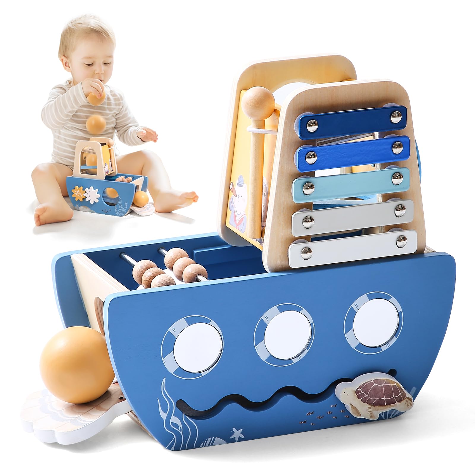 Promise Babe 5-in-1 Baby Wooden Activity Cube, Sea Ocean Montessori Toddler Toys for 1+ Year Old Boys Girls Gifts, Educational Learning Boat Toys for