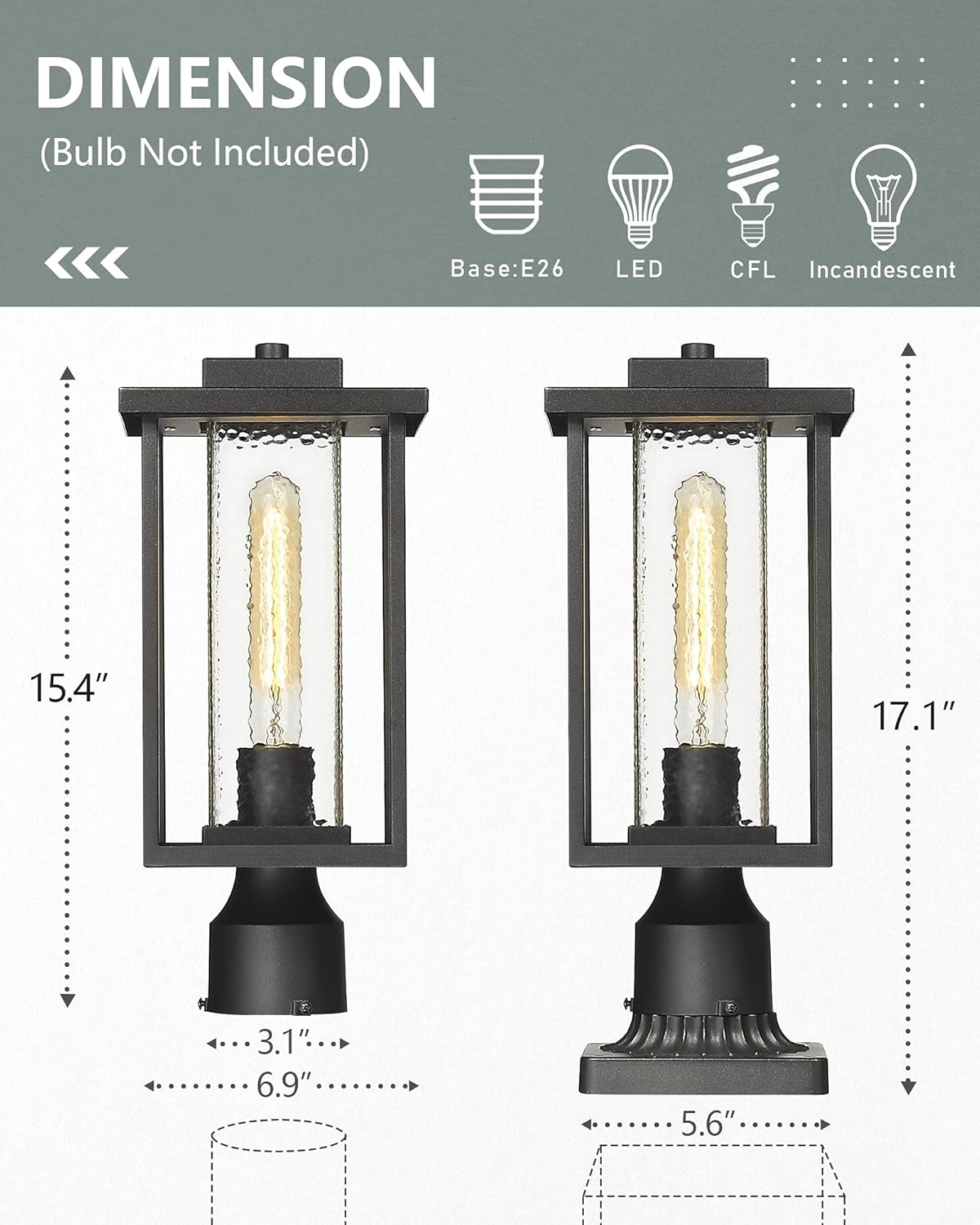 Featured Product KAUEN Outdoor Post Light,15.4-Inch Exterior Lamp Post Light Fixture with Pier Mount Base, Outdoor Pole Light in Black Finish with Water Ripple Glass, 2435-1G