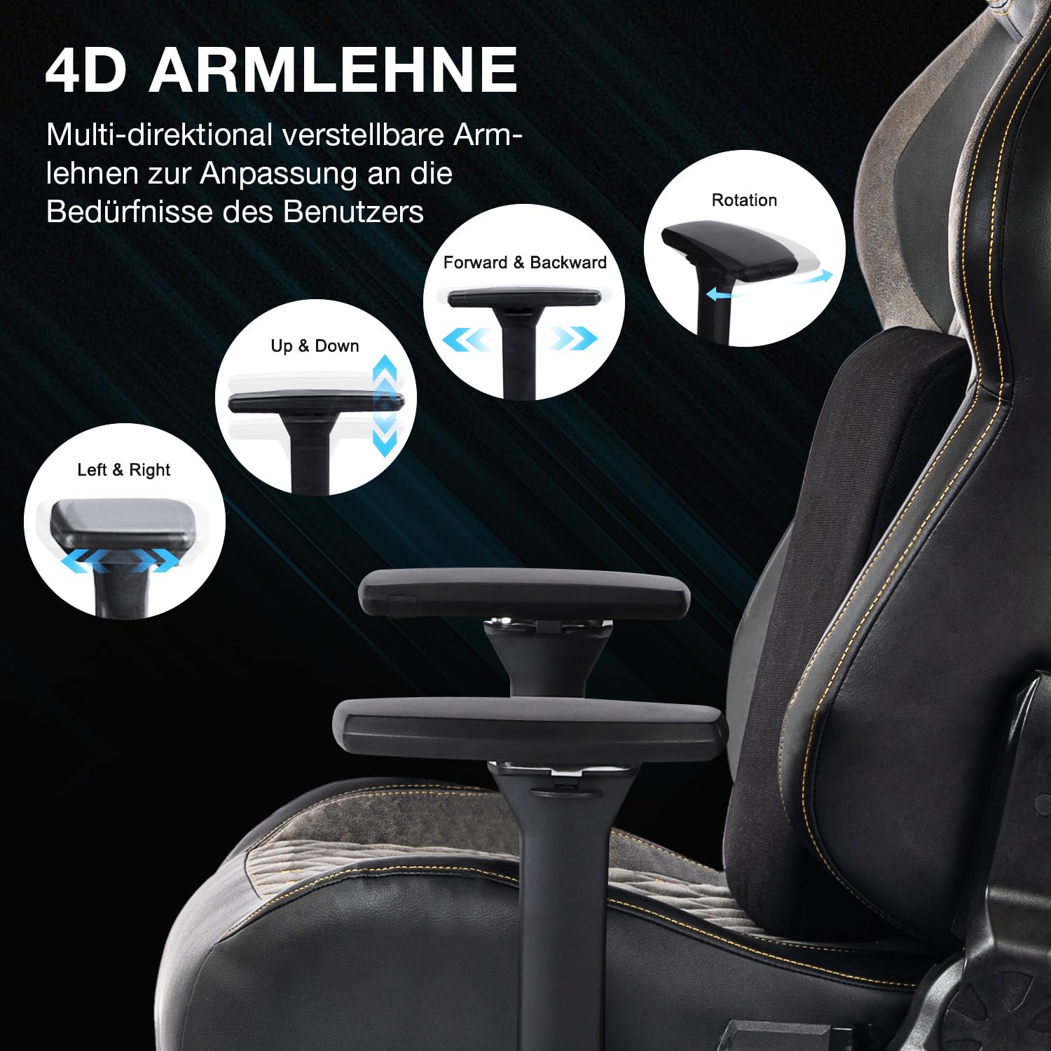 Fantasylab Gaming Stuhl 200KG Belastbarkeit Bürostuhl 200KG Verstellbare Armlehne 4D Gamer Stuhl mit Lendenwirbelstütze Chefsessel Ergonomischer Schreibtischstuhl Schwarz/Grau